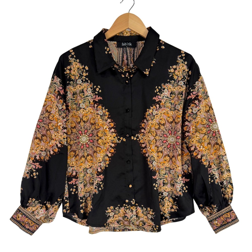 fab'rik Paisley Mandala Blouse Women Small Black Orange Pink Button Down Top
